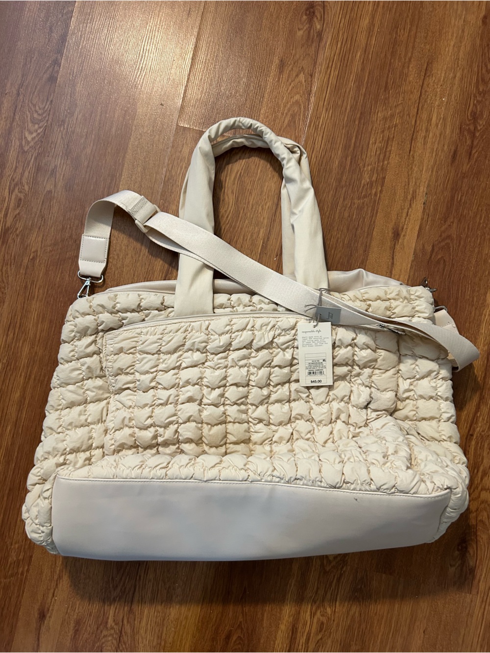 A New Day Cream Quilted Tote Bag with Removable Strap